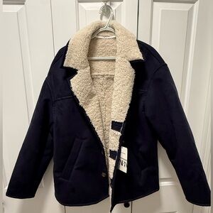 Zara Sherpa Jacket. New with tags. Size Large. Navy blue colour.